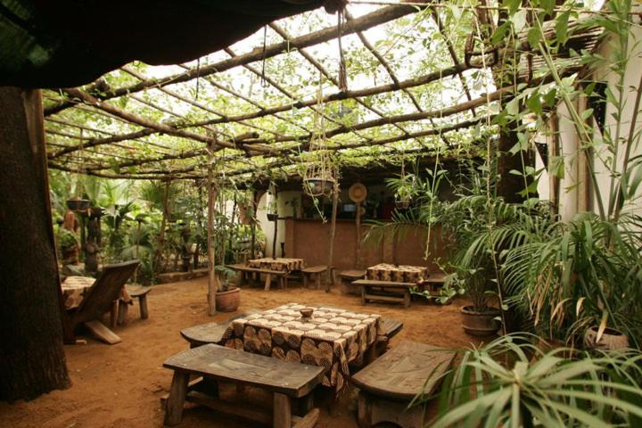 a patio with tables and plants in a greenhouse at Auberge Djamilla in Bamako