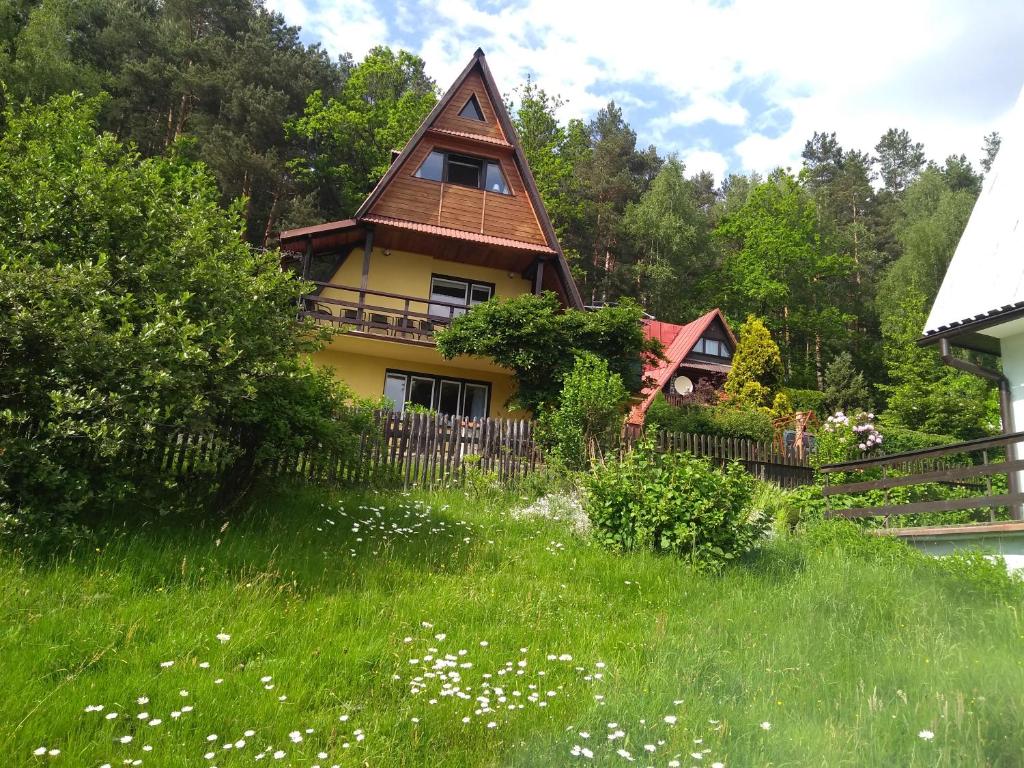 una casa en una colina con un patio de césped en Domek całoroczny Tresna Agata, en Tresna