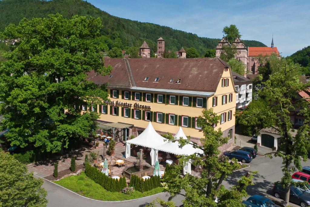 an aerial view of a building with a tent at Hotel Kloster Hirsau in Calw
