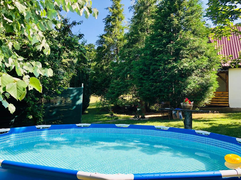 a large swimming pool in a yard with trees at Villa ORKA Pelister - Forest Zone in Bitola