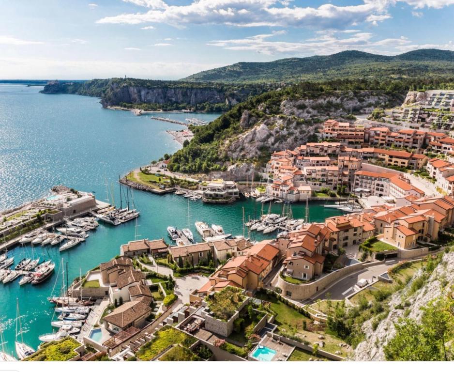an aerial view of a harbor with boats in the water at PORTOPICCOLO Luxury Penthouse in Sistiana