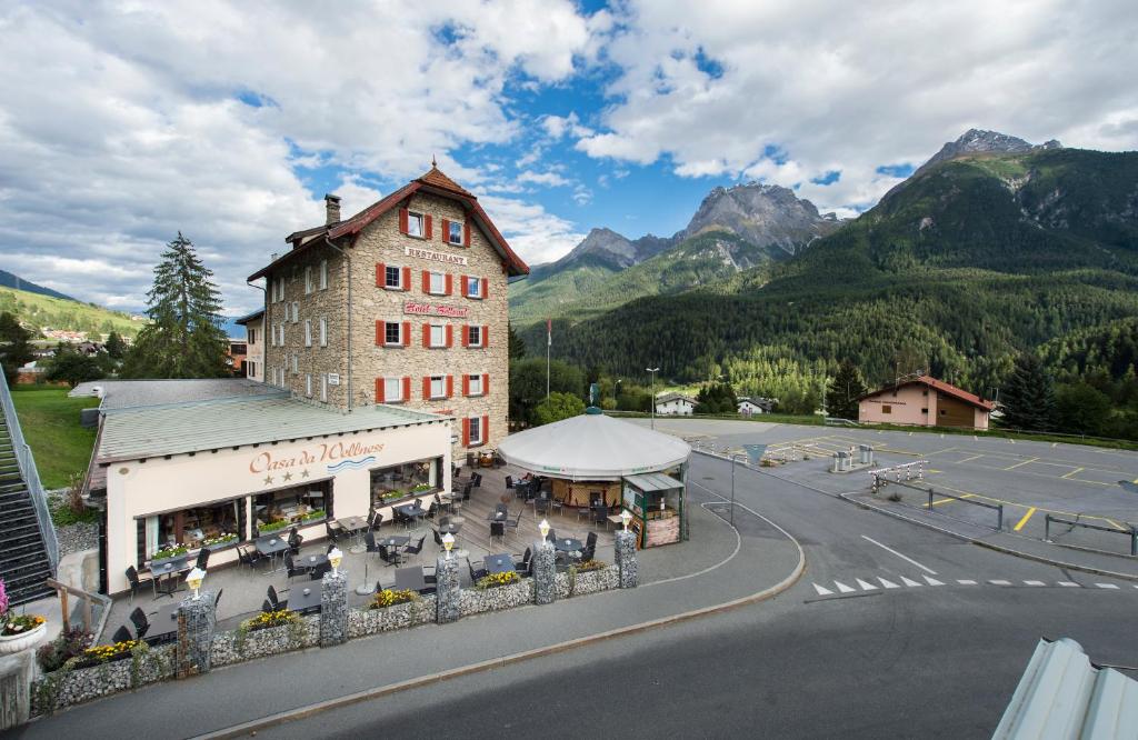 an overhead view of a building and a street at Hotel Bellaval Scuol in Scuol