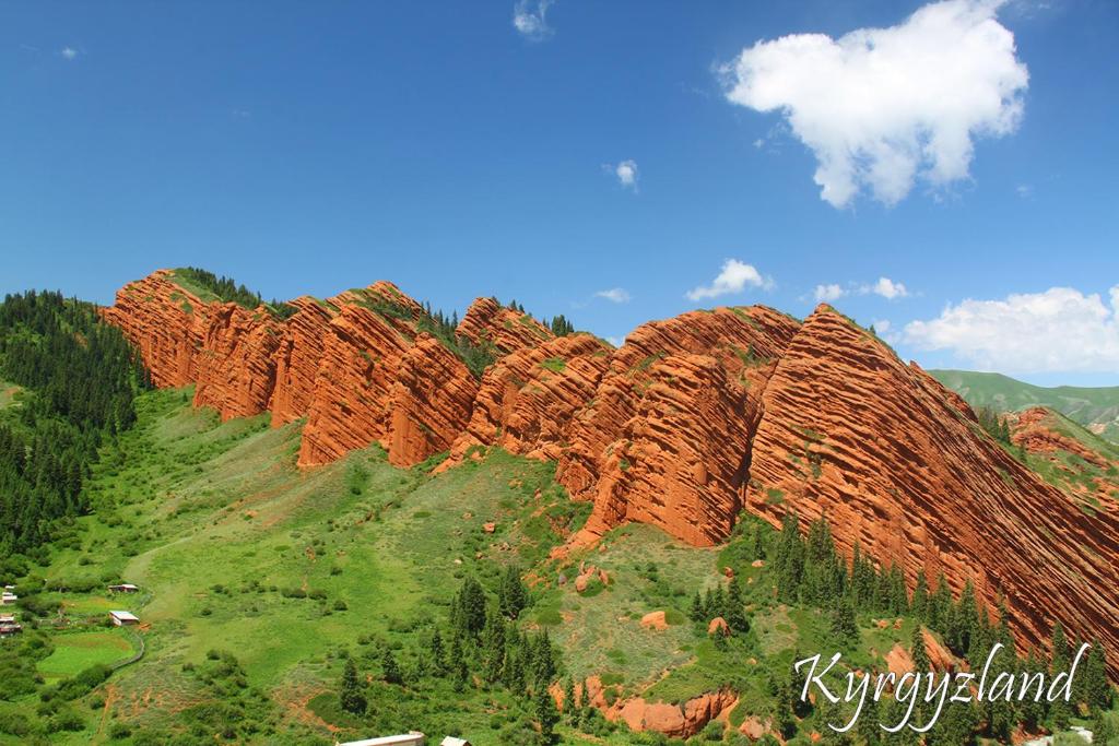 a group of red rock formations on a hill at Guest House on Derbisheva in Karakol