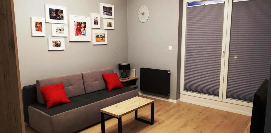 ein Wohnzimmer mit einem Sofa und einem TV in der Unterkunft Apartament Bielany Oczapowskiego in Warschau