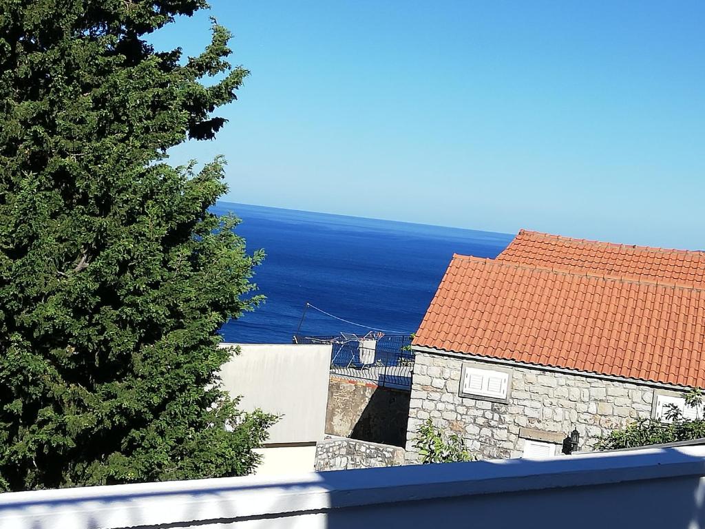 a view of the ocean from a house with a tree at Dolores Apartments in Petrovac na Moru