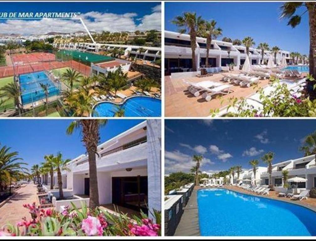 eine Collage mit Bildern eines Resorts mit Pool in der Unterkunft Bonito y espacioso apartamento al lado de la playa. in Tías
