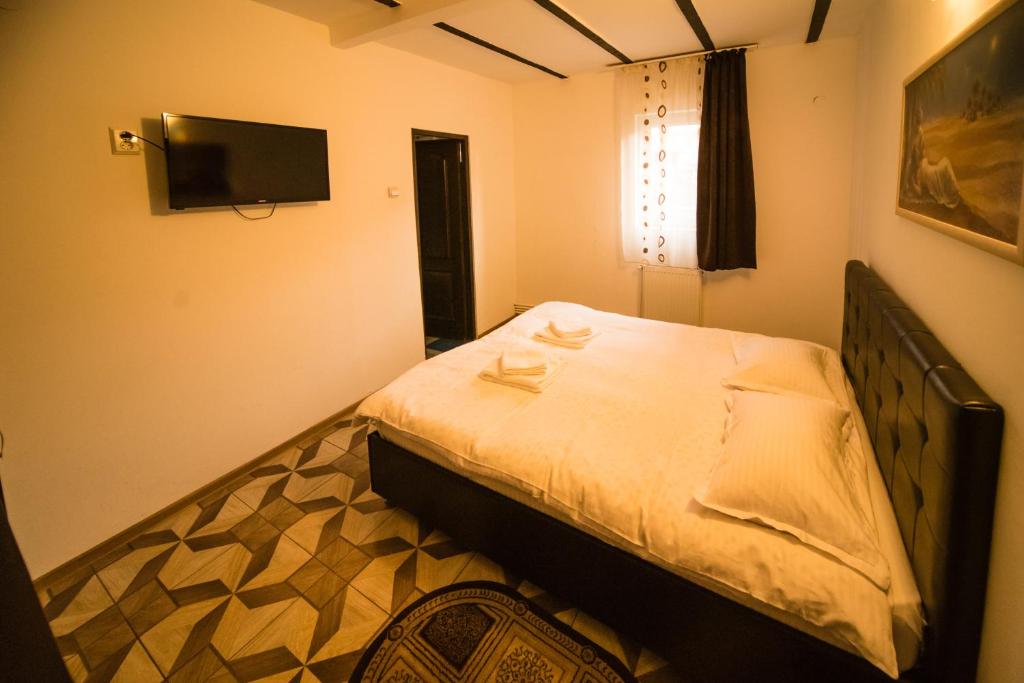 a bedroom with a bed and a flat screen tv at Pensiunea Marcello in Iaşi