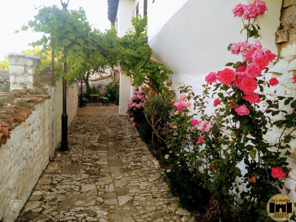 an alley with flowers on the side of a building at Bed & Breakfast JOSIPH in Berat