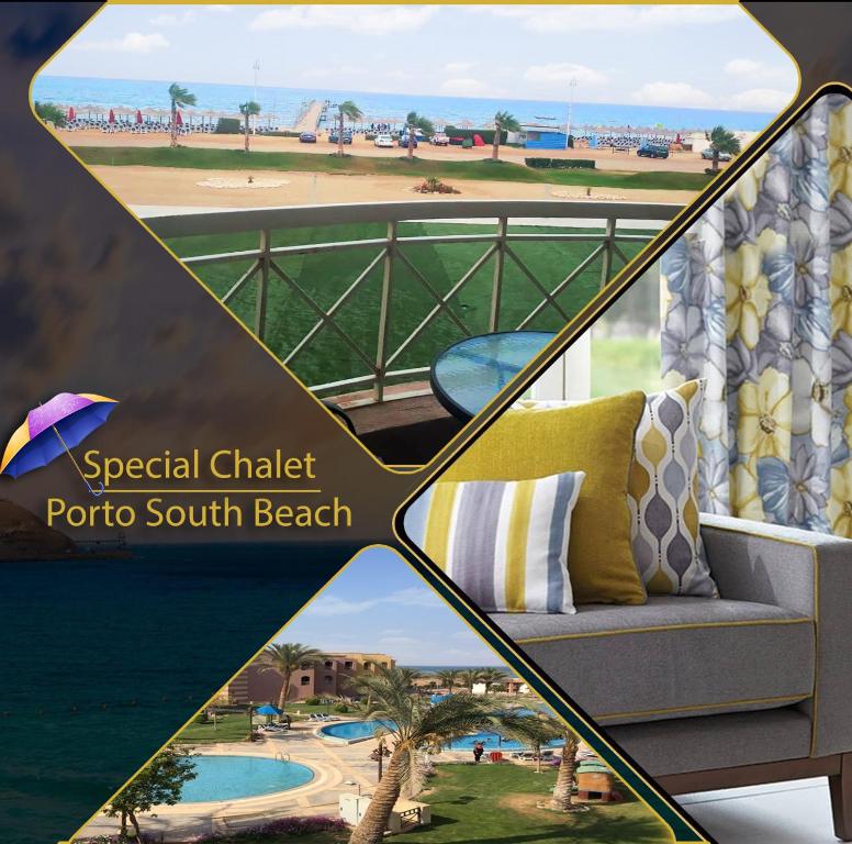 a view of the beach from a balcony of a resort at Special Chalets in Porto South Beach families in Ain Sokhna