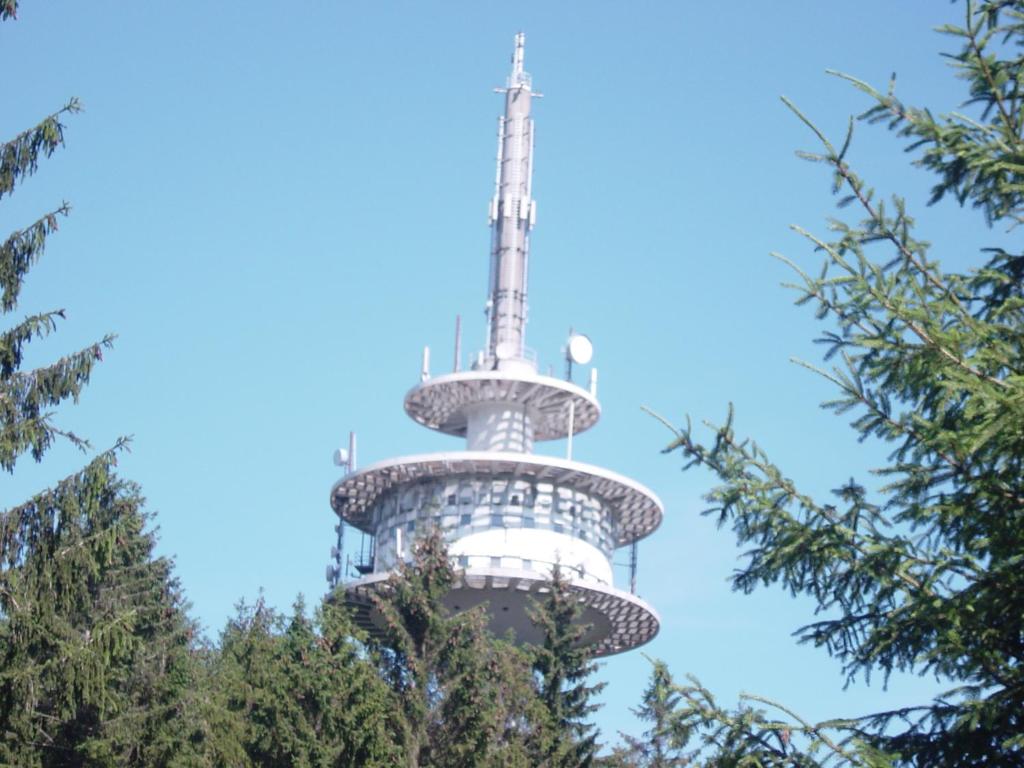 una torre con árboles en el primer plano en Haus am Wald, en Hillscheid