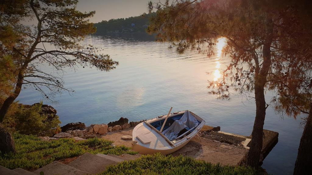 a boat sitting on the shore of a lake at Apartments Šolta in Rogač