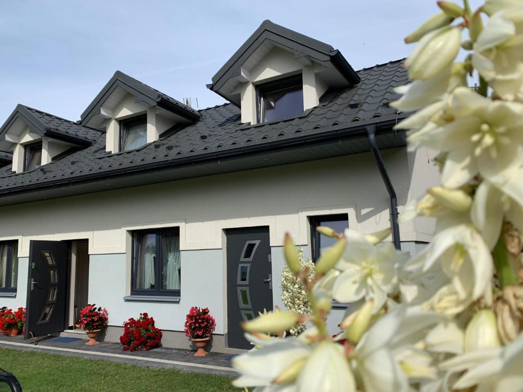 uma casa com flores brancas em frente em Słoneczne Wczasy em Krasnobród