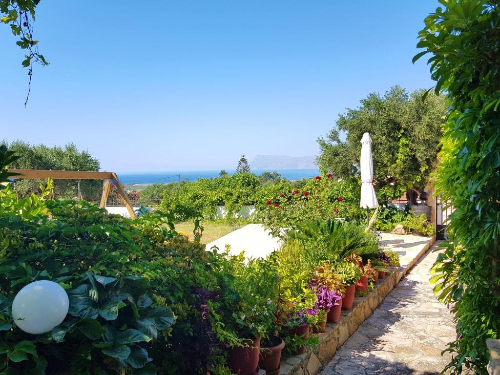 a garden with a umbrella and some plants at Wood & Stone in Kissamos