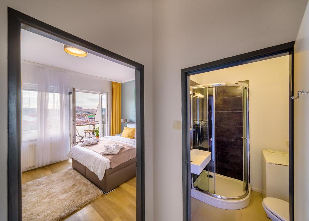 プラハにあるMichal&Michael’s Central Apartmentsのベッドルーム(ベッド1台、大きな鏡付)
