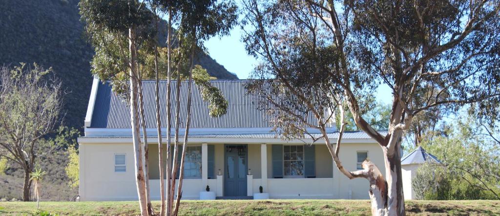 une maison blanche avec des arbres devant dans l'établissement Kandelaars Cottage, à Oudtshoorn