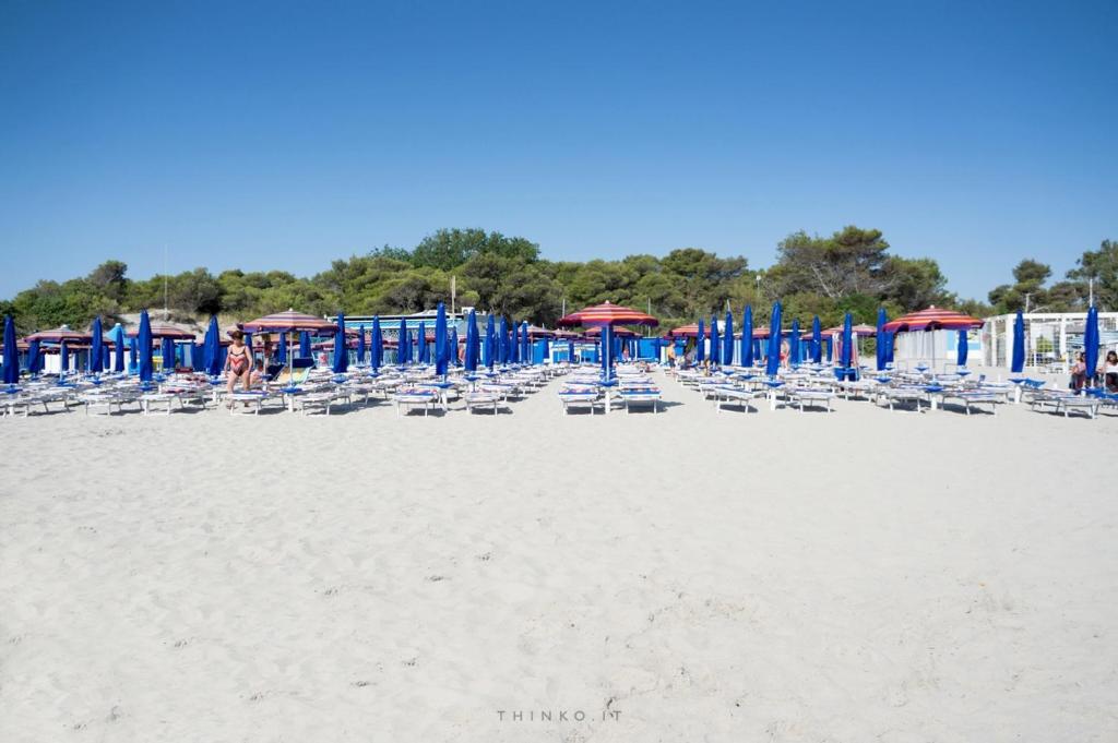 un gruppo di sedie e ombrelloni in spiaggia di Hotel Universo a Otranto