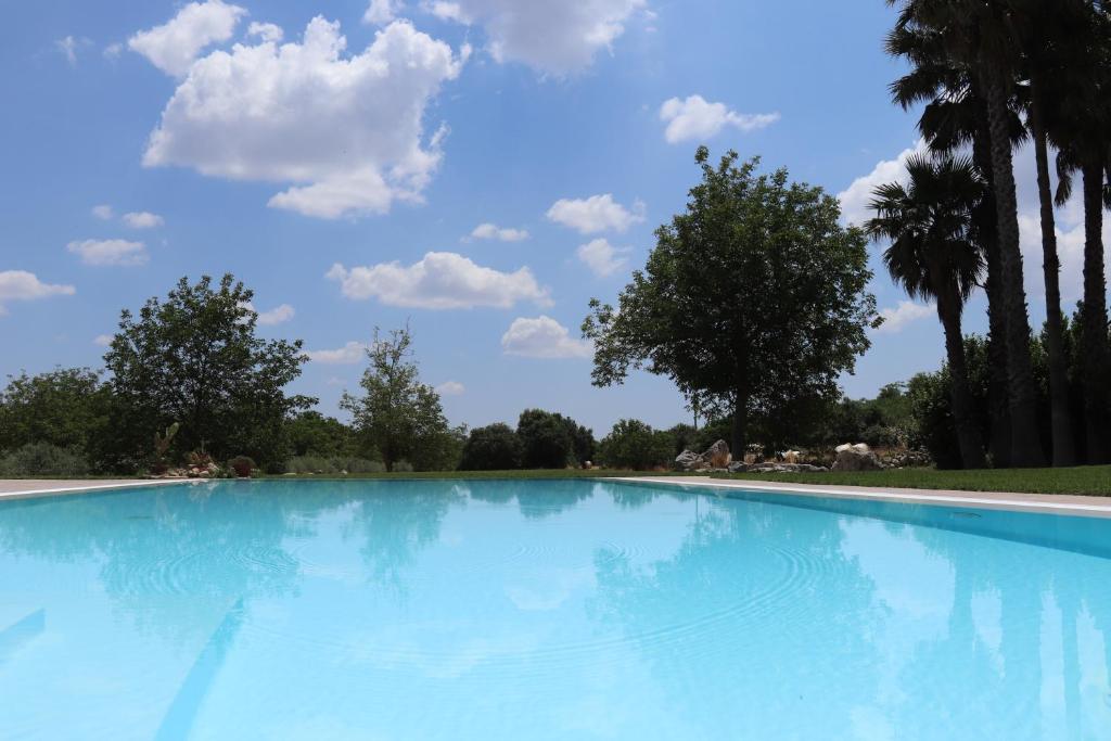 a large blue swimming pool with trees in the background at Tenuta Aguglia in Noto