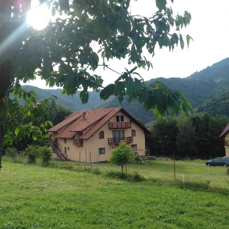 a house in a field with mountains in the background at Casa "La padure" in Bran