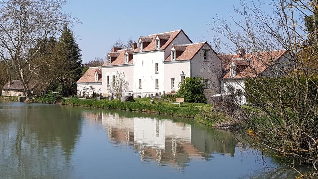 a large white house sitting next to a river at Moulin du Fief Gentil in Bléré