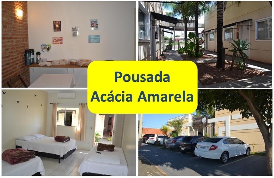 un collage de fotos de una casa y un estacionamiento en Pousada Acácia Amarela, en Olímpia