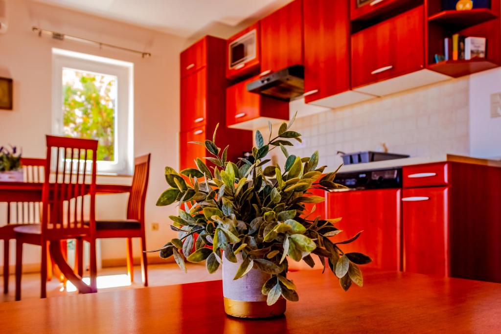 uma cozinha com armários vermelhos e um vaso com uma planta sobre uma mesa em Abby em Kornic
