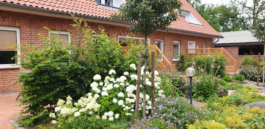 a garden with white flowers in front of a house at Pension Thieshof in Amelinghausen