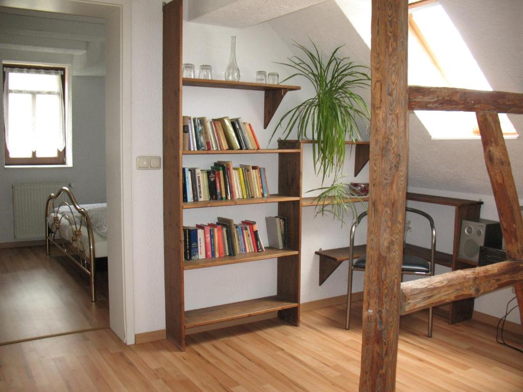 ein Wohnzimmer mit einem Bücherregal voller Bücher in der Unterkunft Pension Hinz & Kunz in Weimar