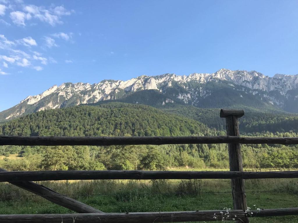 una valla de madera con montañas en el fondo en Pensiunea Kyfana Zarnesti, en Zărneşti