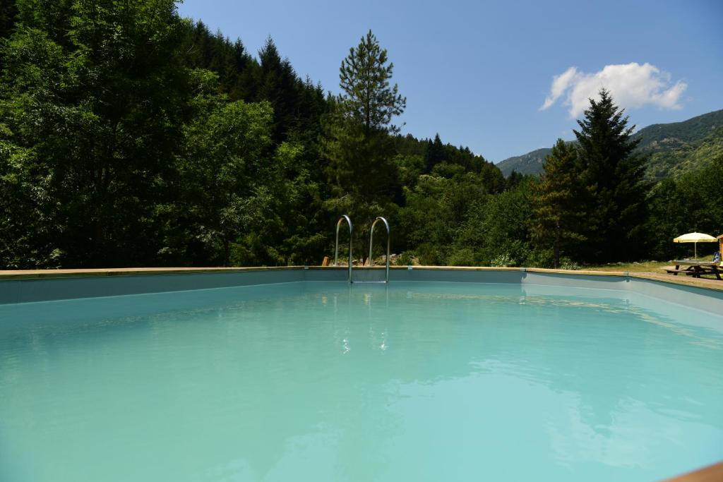 duży basen z niebieską wodą i drzewami w obiekcie Auberge Le Romarin w mieście Valgorge