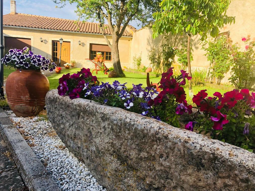 una pared de retención con flores en un patio en Casa rural del labrador, en Sancti-Spíritus