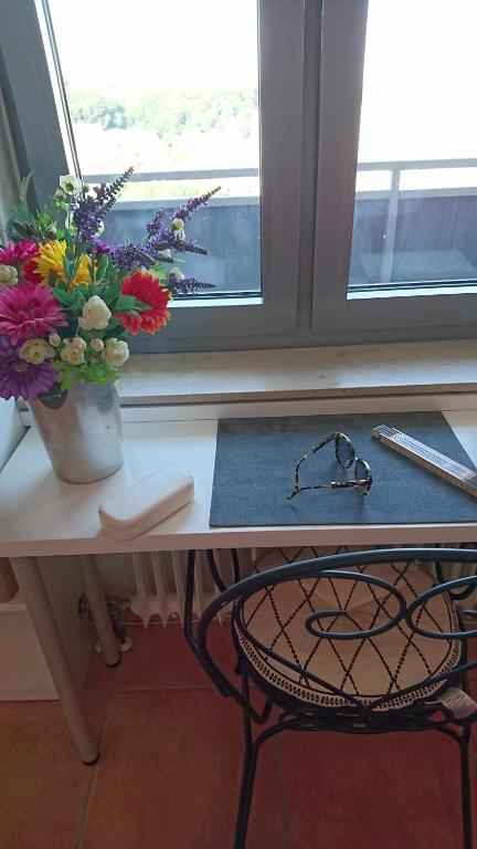a vase of flowers on a table next to a window at Suite Olivier in Saarbrücken