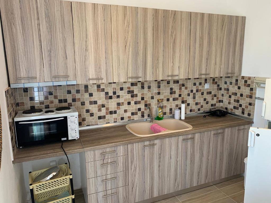 a kitchen with a sink and a microwave on a counter at Acropolis view apartment in Limenas