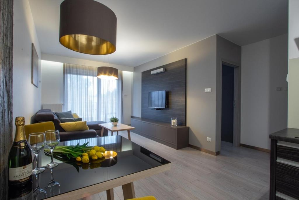 Televízia a/alebo spoločenská miestnosť v ubytovaní Apartament W Rezydencji Solna