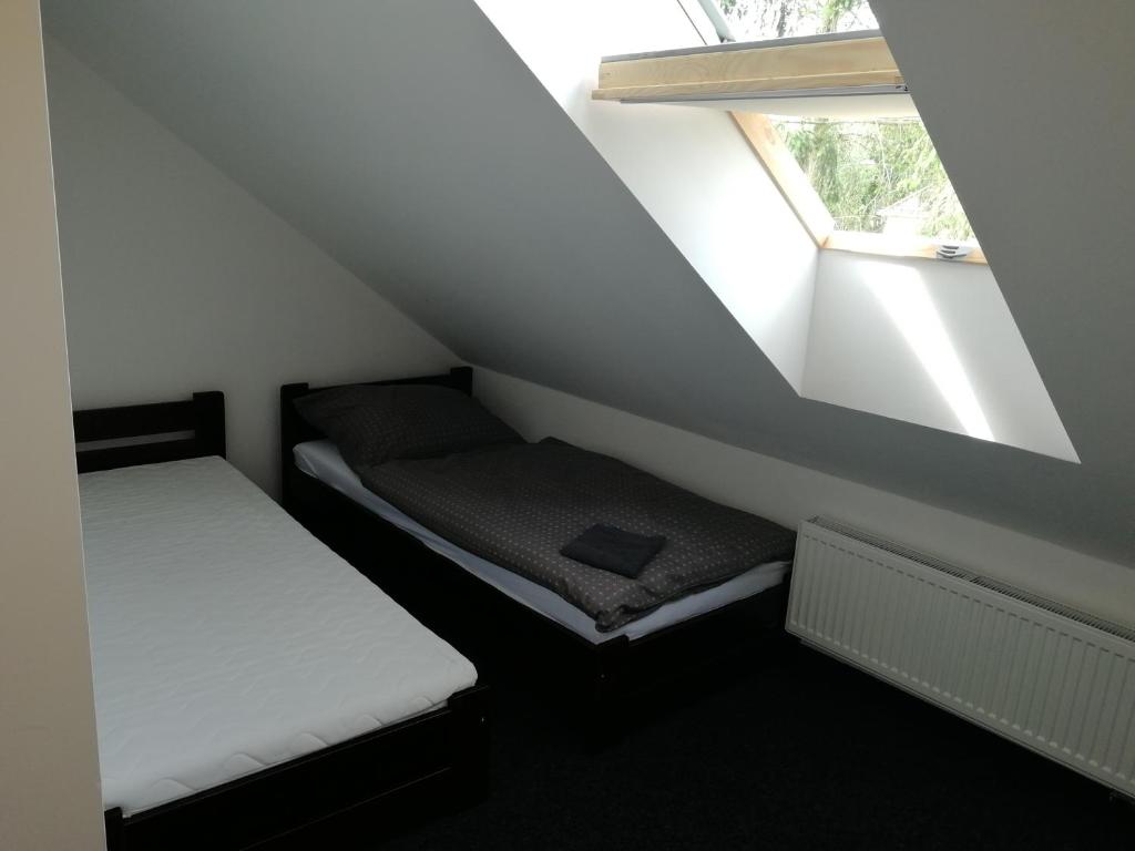 a small room with two beds and a window at Penzion Boskovštejn in Boskovštejn