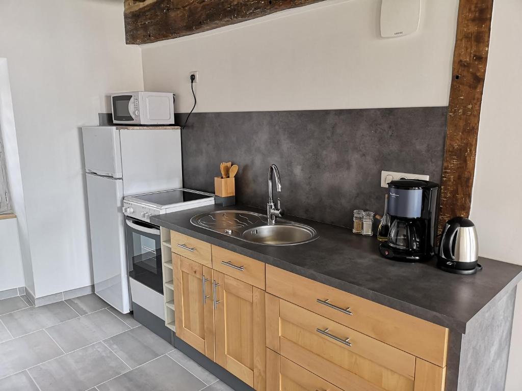 a small kitchen with a sink and a refrigerator at Cottage AU TERMINUS 2 climatisé in Hautvillers