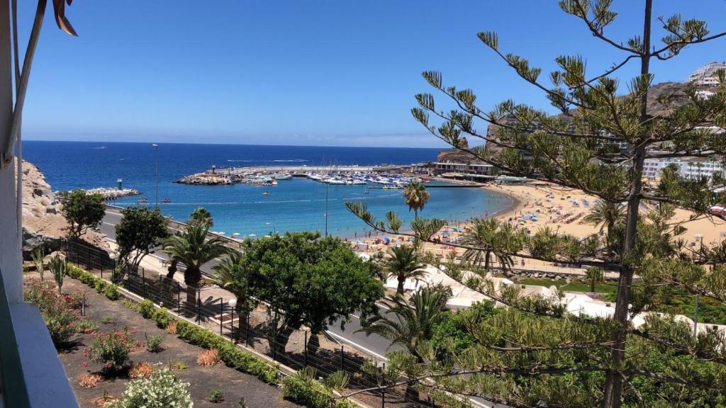 una vista di una spiaggia con palme e l'oceano di La Cascada 410 a Puerto Rico de Gran Canaria