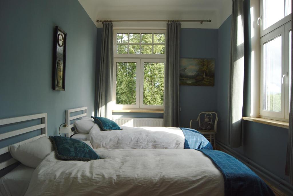 3 Betten in einem Zimmer mit blauen Wänden und einem Fenster in der Unterkunft Nyx & Iris in Zasa