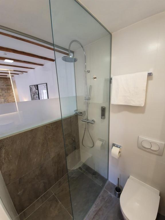 y baño con ducha y aseo. en THE SUITES at central Split, en Split