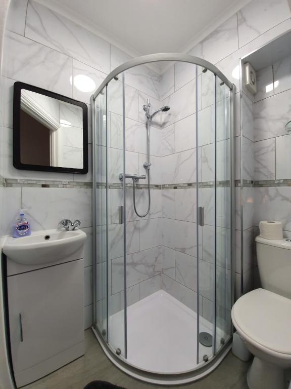 a bathroom with a shower and a toilet and a sink at Victoria Lodgings London in London