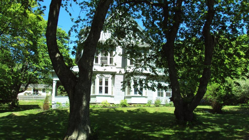 una casa bianca con degli alberi di fronte di The Library Inn a Souris