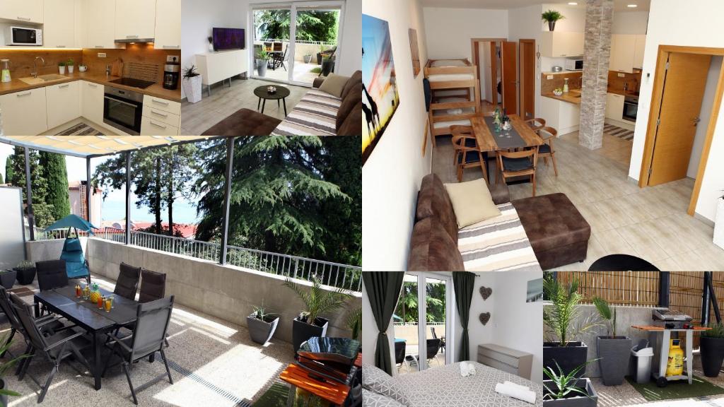 een collage van foto's van een keuken en een woonkamer bij Trendy Apartment Izola JS in Izola