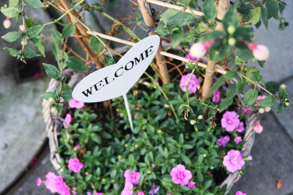 una señal de bienvenida en una maceta de flores en Gartenzimmer en Rubigen