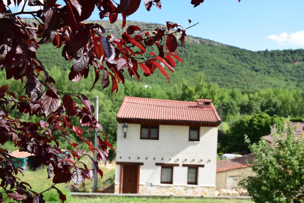una pequeña casa blanca con techo rojo en La Mira, en Barriosuso