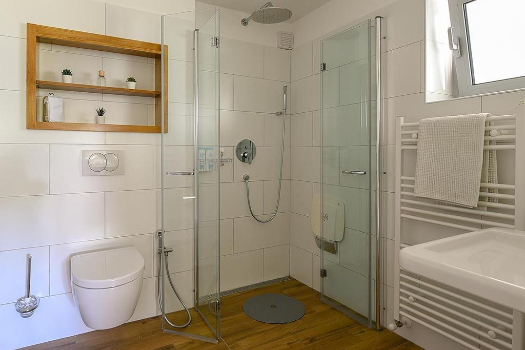łazienka z prysznicem, toaletą i umywalką w obiekcie Apartment Balthazar w Rovinj