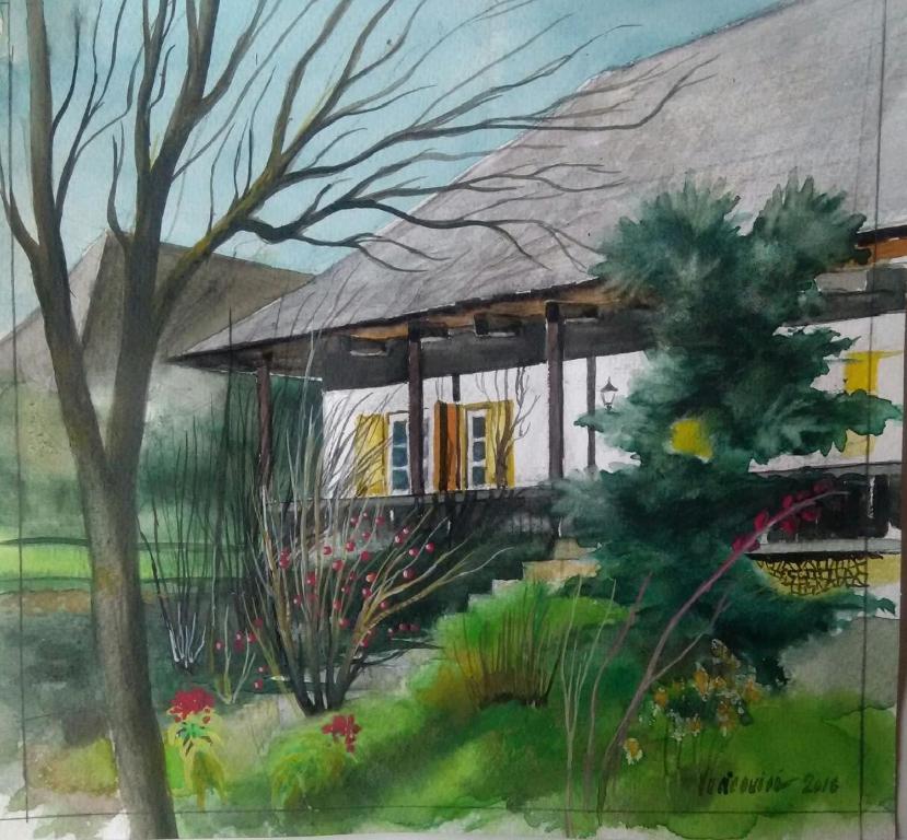 ein Gemälde eines Hauses mit einem Baum in der Unterkunft Casa Pintea - Bucovina in Kloster Humor