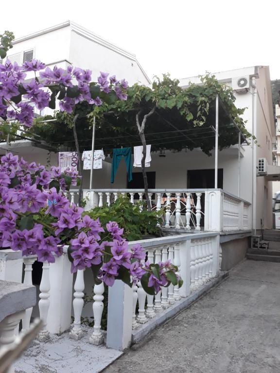 una cerca blanca con flores púrpuras en ella en Sobe i apartmani Marović, en Petrovac na Moru