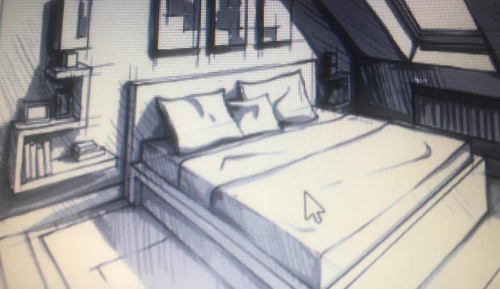 eine Zeichnung eines Schlafzimmers mit einem Bett mit Kissen in der Unterkunft La Mansarda di Resega 25 in Villasanta