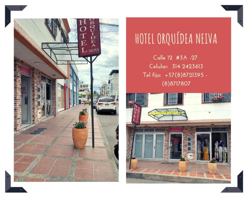 dos fotos de una calle con un cartel para un restaurante en Hotel Orquídea Neiva, en Neiva