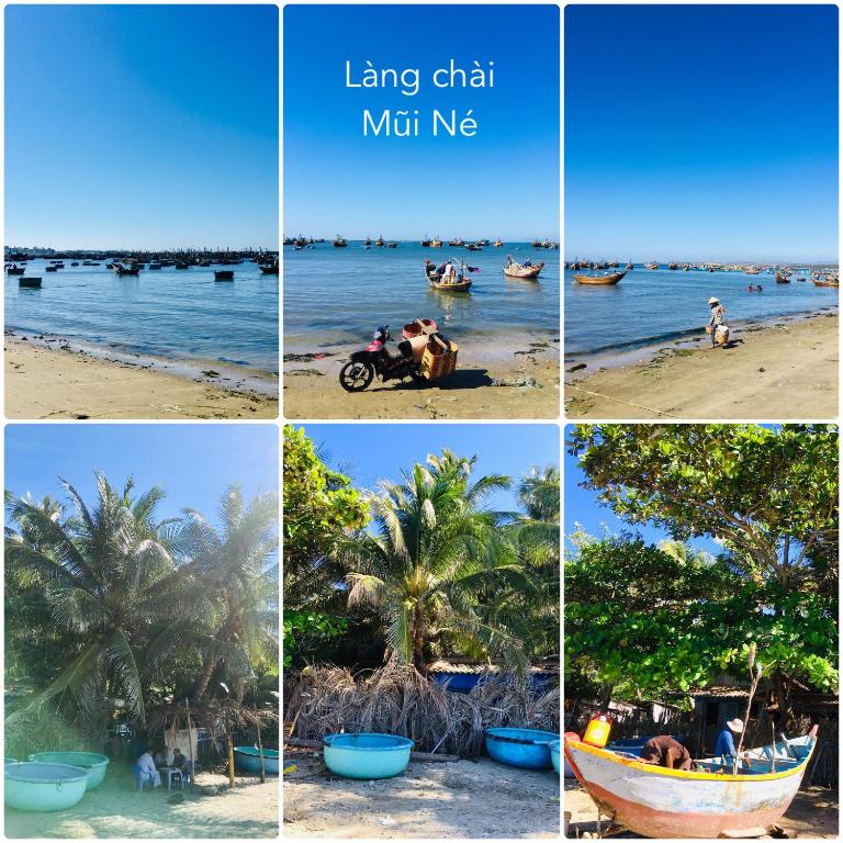 a collage of photos of a beach and a boat at Homestay BONO Mũi Né in Phan Thiet