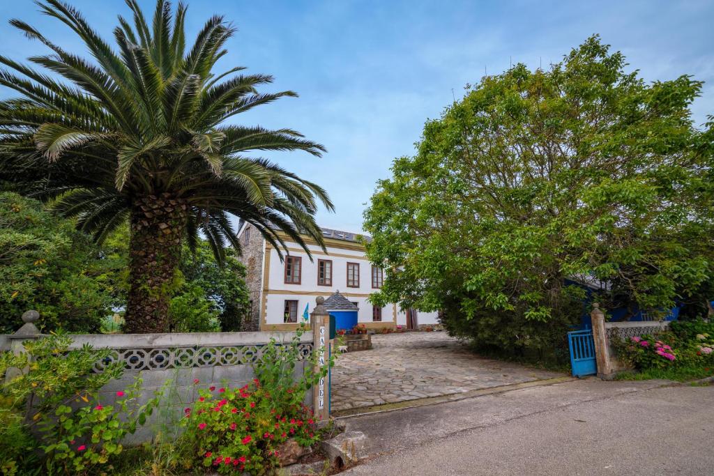 a palm tree in front of a house with a fence at Apartamentos Rurales el Ferreirón in Castropol